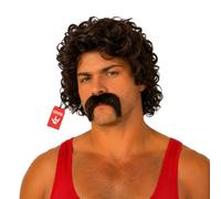 Fun Shack Brown Curly Wig For Men With Moustache | Afro Style Costume Accessory For 70s Themed Parties, One Size