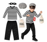 Fun Shack Burglar Costume Kids, Halloween Costumes for Kids | Black, White Striped Top, Black Trousers, Flat Cap, Black Eye Mask Included, Perfect for Halloween, Fun for Fancy Dress