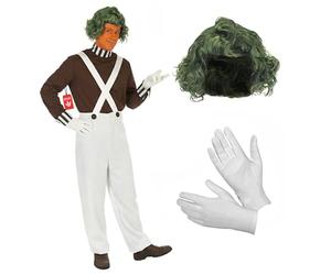 Fun Shack Chocolate Worker Costume for Adults, Chocolate Factory Outfit with Wig & Dungarees, Halloween Costumes Men