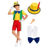 Fun Shack, Fairytale Puppet Costume Kids, Halloween Costumes for Kids | Yellow Top with Attached Blue Bowtie, Green Waistcoat, Red Shorts Included, Perfect for Halloween, Fun for Fancy Dress