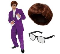 Fun Shack Mens 60s Spy Costume, Purple Velvet Suit with Ruffle Shirt Wig Glasses, Movie Fancy Dress, Halloween Costumes for Men, M
