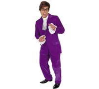 Fun Shack Mens 60s Spy Costume, Purple Velvet Suit with Ruffle Shirt Wig Glasses, Movie Fancy Dress, Halloween Costumes for Men, L