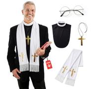 Fun Shack, Priest Costume Men, Vicar Costume, Priest Outfit | Bib Shirt Insert, Gold Cross Necklace, Pair of Classic Glasses, and Scarf Included, Perfect for Halloween and Fancy Dress