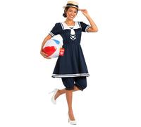 Fun Shack, Victorian Bathing Suit Costume Women, Halloween Costume | Navy Dress with White Trim, Matching Bloomers Included, Perfect for Halloween, Great for Fancy Dress