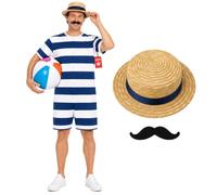 Fun Shack, Victorian Swimming Costume Men, Halloween Costume | Blue, White Striped One-piece Swimsuit Included, Perfect for Halloween, Great for Fancy Dress