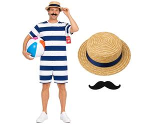 Fun Shack, Victorian Swimming Costume Men, Halloween Costume | Blue, White Striped One-piece Swimsuit Included, Perfect for Halloween, Great for Fancy Dress