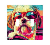 Fun Shih Tzu Dog Decorative Switch Cover 2 Gang Double Toggle, Pop Art Chien Switchcover Wall Plate, Puppy Electrical Faceplate for Bedroom Living Room Decor