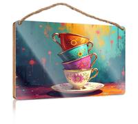 Fun Signs For Home Decor Floral Teacups Stacked Artistically. Farmhouse Signs Desk Accessories For Men(15X28CM)