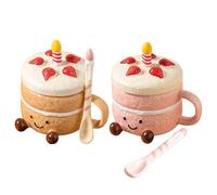 Fun Tea Mug Set - Cake-Shaped Ceramic Cups with Feet & Candle Spoon | 400ml Capacity Hot/Cold Drinks | Adorable Birthday Gift for Women & Girls - Cardboard + Foam Box