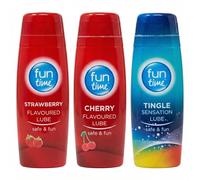 Fun Time Lubricants 225ml Variety Pack (3 x 75ml) - Water Based Personal Lubricant for Couples, Tingle Stimulating, Cherry & Strawberry Flavoured Edible Lube, Condom Safe & Non-Sticky Body Gel