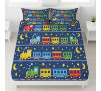 Fun Train Super King Size Fitted Sheet, Cartoon Train Moon Bedding Set 30 cm Deep Pocket Microfiber Breathable Bed Sheet for Bedroom Decor 180 x 200 cm