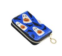 Fun Wallet for Women Leather RFID Blocking Credit Card Holders Cute Halloween Ghosts Blue Zipper Wallet with Coin Pouch