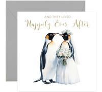 Fun Wedding Day Card for Couple - Married Penguins Congratulations Card for Bride and Groom - Happily Ever After Wedding Cards for Them | Blank Inside