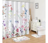FUN WEEKEND 4 Pieces Shower Curtain Set with Non-Slip Rugs, Toilet Lid Cover and Bath Mat, 72”x72” Floral Fabric Shower Curtains, Durable Waterproof Bathroom Curtains Shower Set with 12 Hooks