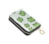 Fun Women's Wallet Leather Credit Card Protector RFID Blocking Cute Green Cartoon Frogs Zipper Travel Wallet with Key Ring