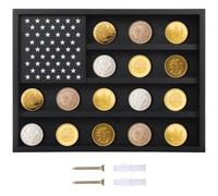 Funabridge Wooden 3-Tier Challenge Coin Display Case With American Flag, Wall-Mounted Medal Holder Shelf