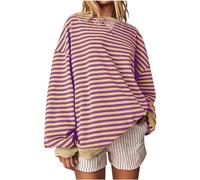 FunAloe Blouses for Women Long Sleeve Tops Striped Color Block Crew Neck Sweatshirt Casual Loose Pullover Womens Striped Jumper Womens Oversized Sweatshirt Women's Tops Y2K Purple