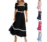 FunAloe Dresses for Women UK Clearance 2024 Summer Square Neck Short Puff Sleeve Dress Casual RIC Rac Tie Back Smocked A Line Flowy Maxi Dresses Sales