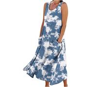 FunAloe Dresses for Women UK Women Summer Dresses Cotton Linen Dress Plus Size Sleeveless Baggy Sundress Oversized Casual Plain Midi Dresses with Pockets Z4 Blue