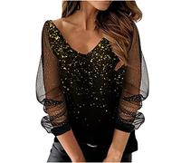 FunAloe Sequin Tops for Women,Women's Long Sleeve Sparkly Contrast Mesh Top Mesh Puff Sleeve Smocked Glitter Blouse Shirt
