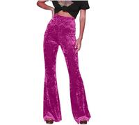 FunAloe Womens Flared Trousers Crushed Velvet High Waist Bell Bottoms Ladies Wide Leg Flare Long Pants Party Wear Comfy Stretch 70S Gypsy Bootcut Metallic Pants Size 12 Hot Pink