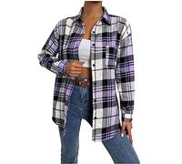 FunAloe Women's Womens Cowboy Shacket Winter Coats Purple Plaid Checkered Shirt Jacket Women's Checkered Shirt Oversized Long Sleeve Shirts