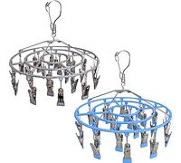 Funamily 2 Pack Underwear Drying Rack, Laundry Hanger for Sock with 48 Clips,Round Heavy Duty Stainless Steel Socks Dryer Hanger for Hanging Herbs. (Blue/Grey)