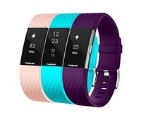 FunBand Strap Compatible with Fitbit Charge 2 Strap Bands,Classic Edition Soft Silicone Sport Adjustable Replacement Accessory Bracelet Straps Compatible with Fitbit Charge 2 (3-Pack Pink+Teal+Purple)