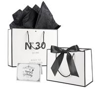 FUNCANDLE 30th Birthday Gift Bag 13" White Black Celebration Essentials for 1996 Born Men Women Includes Card and Tissue Paper Decorations Anniversary Present Paper Bags for Gifts Wrapping