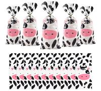 FUNCANDLE 50 Pieces Pink Cute Cow Print Cellophane Bags Sack Food Cowgirl Treat Bags Plastic Candy Wrap with 50 Twist Ties for Farm Animal Themed Birthday Favors Party Supplies