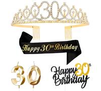 FUNCANDLE Black Gold 30th Birthday Party Supplies Set - Cake Topper, Tiara Crown, Sash & Gold Candle for Girls Women Party Decorations Idea
