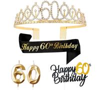 FUNCANDLE Black Gold 60th Birthday Party Supplies Set -Cake Topper, Tiara Crown, Sash & Gold Candle for Girls Women Party Decorations Idea