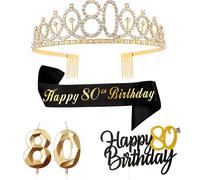 FUNCANDLE Black Gold 80th Birthday Party Supplies Set - Cake Topper, Tiara Crown, Sash & Gold Candle for Girls Women Party Decorations Idea