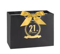 FUNCANDLE Black Gold Happy 21st Birthday Gift Bag with Greeting Handles and Ribbon Decorations Girls Boys 21 Year Old Birthday Gift Wrapping Bag for Party Favors Elegant Supplies
