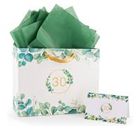 FUNCANDLE Eucalyptus Leaves 30th Birthday Gift Bag, 13" with Card and Tissue Papers Large Floral Paper Gift Tote with Gold Handle for 30th Birthday, Wedding Anniversary Party Favor Packaging