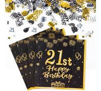 FUNCANDLE Happy 21st Birthday Black and Gold Napkins & Confetti - 20pcs Party Napkins & 30g Gold Black Confetti for Girls Boys 21st Birthday Decorations Party Table Supplies