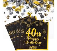 FUNCANDLE Happy 40th Birthday Black and Gold Napkins & Confetti - 20pcs Party Napkins & 30g Gold Black Confetti for Men Women 40th Birthday Decorations Party Table Supplies