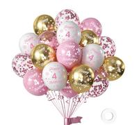 FUNCANDLE Happy 4th Birthday Balloons Pack of 16Pc，12inch Pink and White Gold Balloons Printed Latex Party Balloons Decorations Her 4 Years Old Born Birthday Anniversary Party Supplie