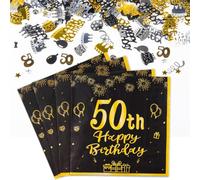 FUNCANDLE Happy 50th Birthday Black and Gold Napkins & Confetti - 20pcs Party Napkins & 30g Gold Black Confetti for Men Women 50th Birthday Decorations Party Table Supplies