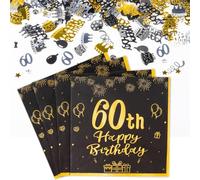 FUNCANDLE Happy 60th Birthday Black and Gold Napkins & Confetti - 20pcs Party Napkins & 30g Gold Black Confetti for Men Women 60th Birthday Decorations Party Table Supplies