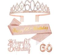 FUNCANDLE Rose Gold 60th Birthday Party Supplies Set -Rose Gold Cake Topper, Tiara Crown, Sash & Rosegold Candle for Girls Women Party Decorations Idea