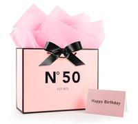 FUNCANDLE Women Pink 50th Birthday Gift Bag 13" with Card Bow Ribbon and Tissue Papers for Celebrating Women Mom 1975 Born Birthday Anniversary Present Paper Bags for Gifts Wrapping(EST.1975 50th)