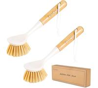 FunCee 2 Pack Kitchen Dish Brushes with Bamboo Handle, Dish Scrubber Built-in Scraper, Scrub Brush for Pans, Pots, Counter & Kitchen Sink Cleaning, Dishwashing and Cleaning Brush Tools, White