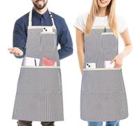 FunChaos 2 Pack Stripe Kitchen Apron, Adjustable Bib Soft Apron with 3 Pockets, Chef Aprons for Men Women, Cooking Aprons for BBQ Painting Gardening Baking Restaurant, White