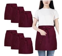 FunChaos 6 Pack Red Waist Apron, Waitress Apron with 3 Pockets, Waterproof Half Aprons for Men and Women, Chef Aprons for Cooking Cleaning Painting Gardening Bistro Restaurant (Wine)