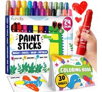 Funcils 24 Tempera Paint Sticks for Kids with Coloring Book - Washable, Non-Toxic Markers for Toddlers | Works on Paper, Canvas, Wood, Cardboard - Art Craft Supplies, Painting Crayons Ages 1 2 3 4 5 6