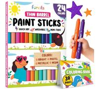Funcils 24 Thin Tempera Paint Sticks for Kids Washable (Coloring Book incl) | Non-Toxic Markers for Toddlers 1-3 | Works on Paper, Canvas, Wood, Cardboard - Painting Crayons, Art and Craft Supplies