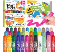 Funcils 36 Washable Tempera Paint Sticks for Kids with Coloring Book | Non-Toxic Markers for Toddlers 1-3 | Works on Paper, Canvas, Wood, Cardboard - Craft, Art Supplies for Kids 3-5, Painting Crayons