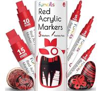 Funcils 5 Acrylic Red Paint Pens - Fine & Jumbo Size Ink Pens (1mm, 3mm, 6mm, 10mm, 15mm) - Permanent Red Marker Ink for Rock Painting, Fabric, Tire, Metal, Wood, Canvas, Glass, Plastic, Ceramic