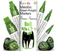 Funcils 5 Metallic Acrylic Green Paint Pen - Extra Fine Tip, Thin & Jumbo (1mm, 3mm, 6mm, 10mm, 15mm) - Green Markers for Fabric, Metal, Plastic, Canvas, Wood, Rock Painting, Glass